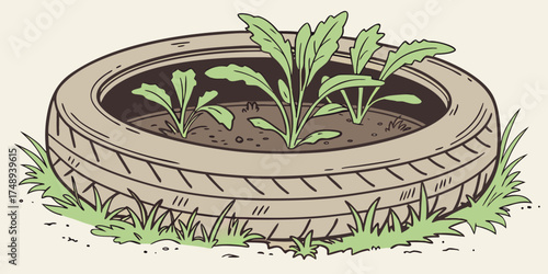 Old tire planter with green vegetables growing in soil  