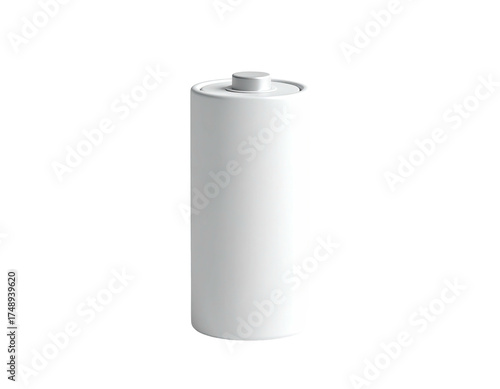A cylindrical, white, dry cell battery against a stark, black background