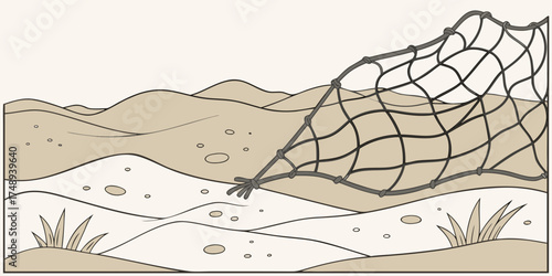 Plastic mesh netting lying on sandy surface in a desert landscape  