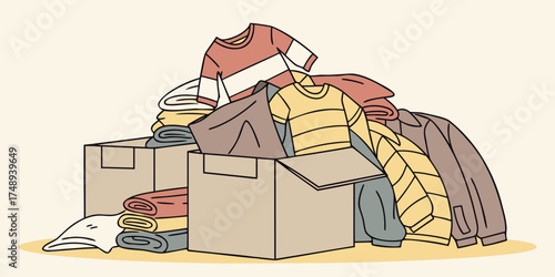 Pile of old clothes and boxes ready for donation  