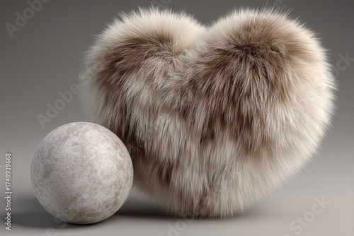 Heart-shaped plush cushion embracing a small gray sphere with soft gradients