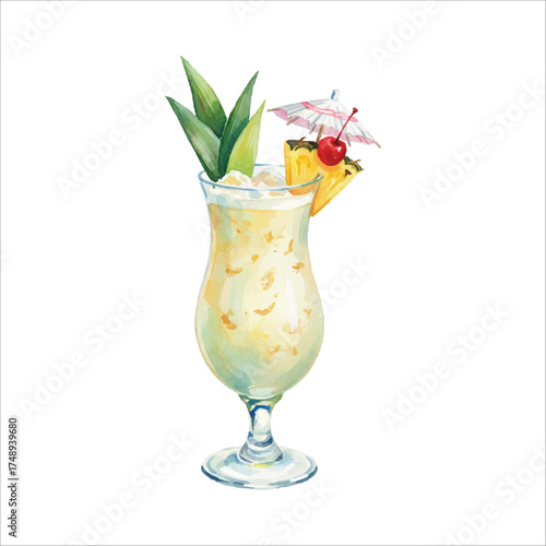 Piña Colada Watercolor Cocktail Illustration Isolated on White

