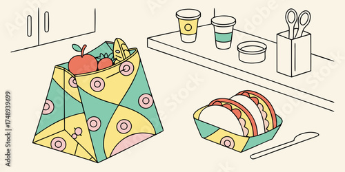 Colorful reusable lunch bag filled with fruits and taco containers  