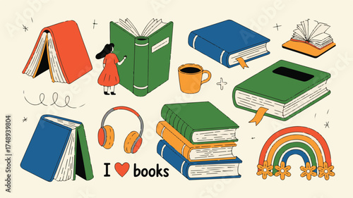 Colorful books and reading accessories illustration open books