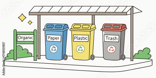 Color-coded trash bins for recycling in outdoor environment  