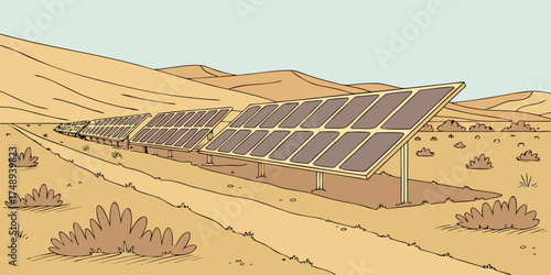 Solar panels installed in dry desert valley under clear sky  