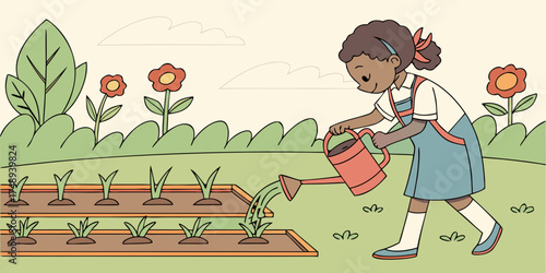Young girl watering seedlings in school garden on sunny day  