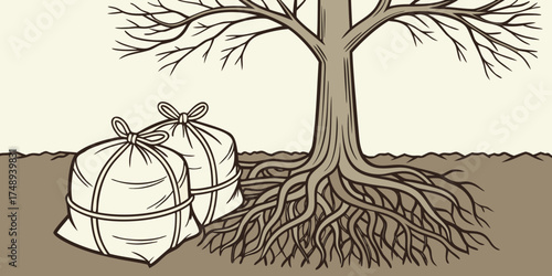 Tree roots with burlap sacks ready for replanting in the soil  