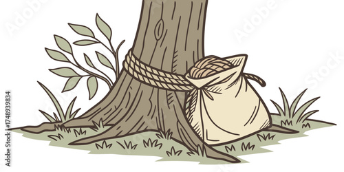 Tree trunk wrapped in burlap sack tied with rope on grassy ground  