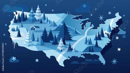 Monochrome Winter Vector Map of the USA — Geometric Frost and Snowflake Design in Cool Icy Tones