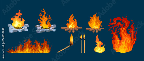 Set of fire flames, burning bonfire, blaze icon symbol element vector illustration collection. Isolated on background.