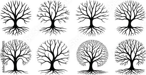 Set of eight black tree silhouettes with roots, nature illustration, symbolic life growth concept, detailed vector design for ecology
