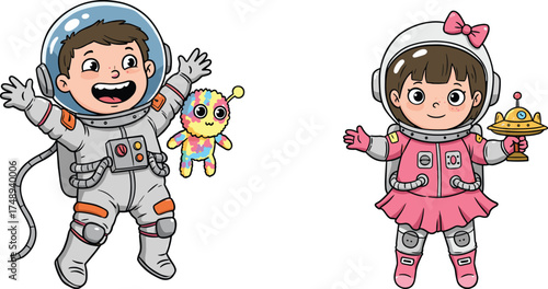 Cartoon children astronauts in space, playful alien friend, colorful toy spaceship, imaginative adventure, fantasy illustration, kids exploration, creative science fiction
