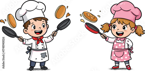 Cartoon children chefs cooking, flipping pancakes, fun kitchen activity, colorful aprons, playful culinary scene, happy kids, breakfast illustration, joyful food preparation