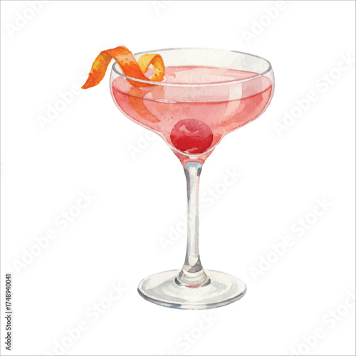 Cosmopolitan Watercolor Cocktail Vector Illustration on White
