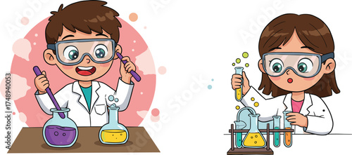 Cartoon children doing science experiments, boy and girl in lab coats, chemistry illustration, STEM education, laboratory activity, curiosity, learning, discovery, fun