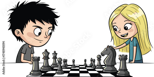 Cartoon children playing chess, boy and girl smiling, strategic board game, fun learning activity, educational illustration, friendly competition, intellectual entertainment