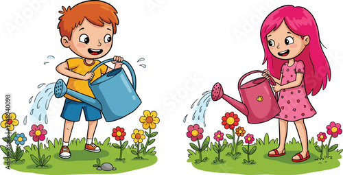 Cartoon children gardening, boy watering flowers, girl with watering can, kids outdoor activity, colorful garden illustration, happy childhood, nature care, environmental responsibility