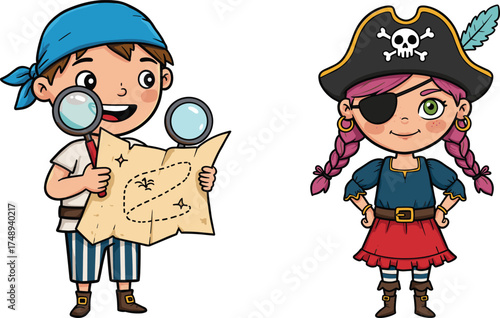 Cartoon pirate children, boy with treasure map, girl pirate with hat, adventure illustration, kids exploring, playful fantasy, treasure hunt, exploration