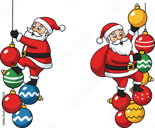Cartoon Santa Claus climbing ornaments, festive Christmas decoration, colorful holiday scene, cheerful character, playful seasonal artwork, joyful celebration, winter festive illustration