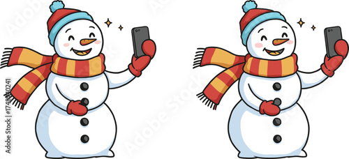 Cartoon snowmen taking selfies, festive Christmas illustration, winter holiday fun, Santa hats, smartphones, cheerful characters, seasonal joy, playful family entertainment