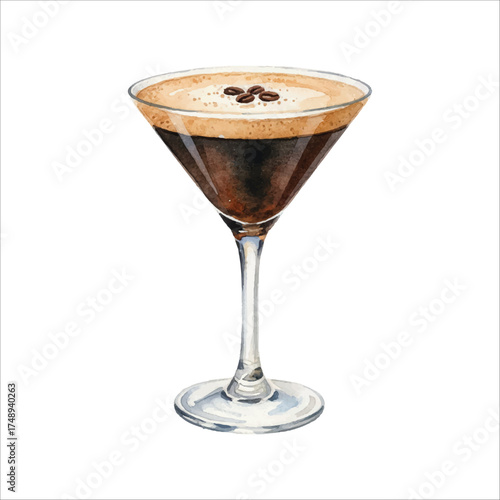 Espresso Martini Watercolor Cocktail Illustration on White
