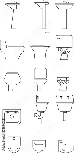 Minimalist line-drawn bathroom fixtures — includes toilets, sinks, bidets, and urinals for interior design, architectural plans, or plumbing layout visualization.