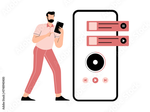 Man changing songs from online playlist. Music Player illustration. Flat vector illustration.