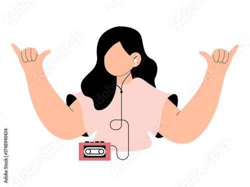 Girl listening music on tape recorder. Music Player illustration. Flat vector illustration.