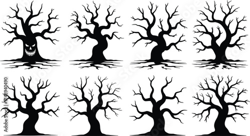 Set of spooky Halloween tree silhouettes with twisted branches, eerie haunted forest design, creepy vector illustration for seasonal decoration