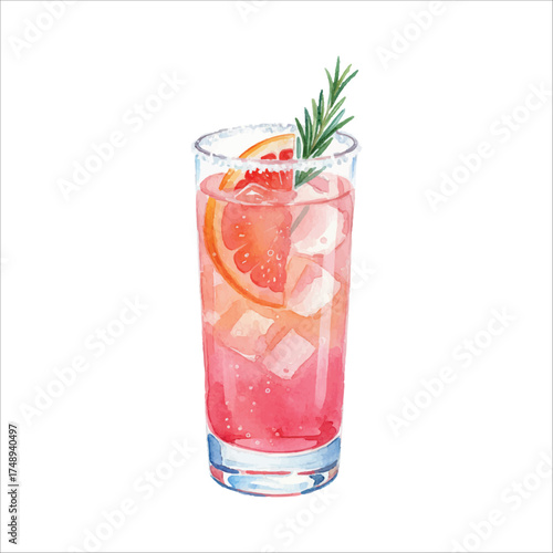 Paloma Cocktail Watercolor Vector Illustration on White Background
