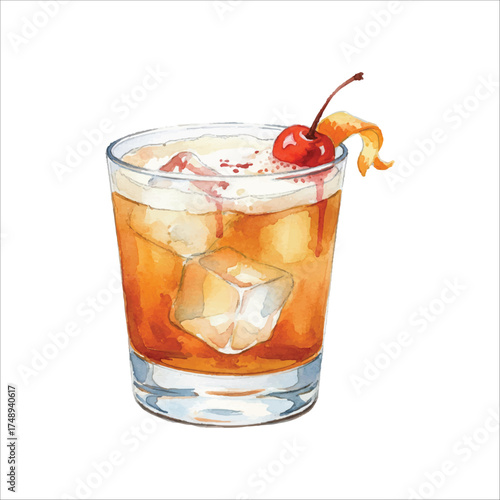 Whiskey Sour Watercolor Cocktail Illustration on White
