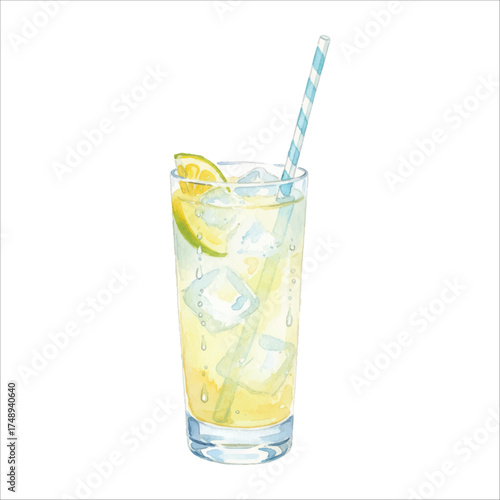 Tom Collins Watercolor Cocktail Illustration Isolated on White
