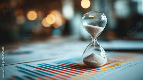 Modern hourglass on blurred bar graph and financial papers, symbolizing time management, urgency, and strategic financial planning in budgeting and business.