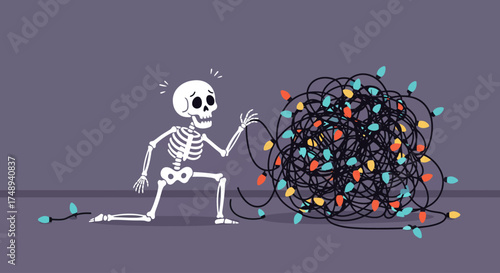 This humorous flat design illustration depicts a skeleton comically struggling to untangle a ball of Christmas lights, adding a relatable and funny twist to Halloween decorating. 