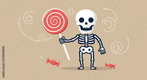 A humorous flat design illustration featuring a cheerful skeleton delighting in a giant lollipop, perfect for a sweet and funny Halloween treat concept. This image is playful and lighthearted.