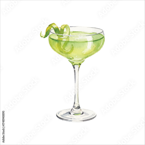 Watercolor Gimlet Cocktail Illustration on White Background
