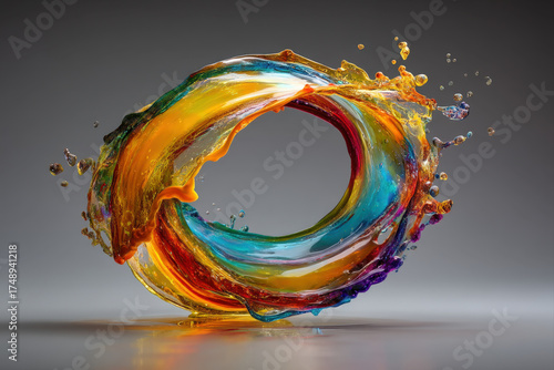 Vibrant paint splash forming a perfect colorful ring in midair with liquid detail