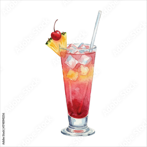 Singapore Sling Watercolor Cocktail Vector Illustration on White
