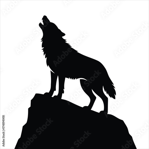Silhouette of a howling wolf standing proudly on a rocky cliff with head tilted upward, showcasing wild nature, strength, and solitude in bold black against white background.