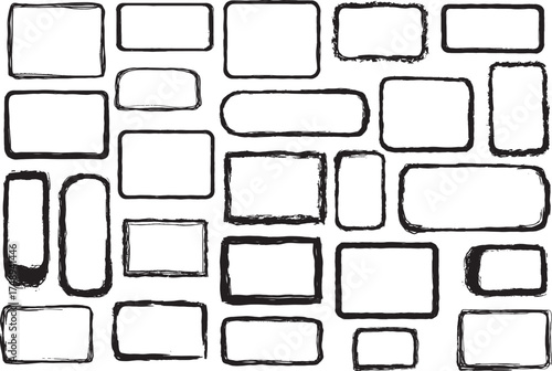 Collection of hand-drawn rectangular black ink frames in various sizes and rough grunge brush styles isolated on white background for decorative borders and graphic design use. 