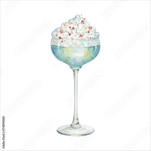 Molecular Foam Topper Cocktail Watercolor Illustration on White
