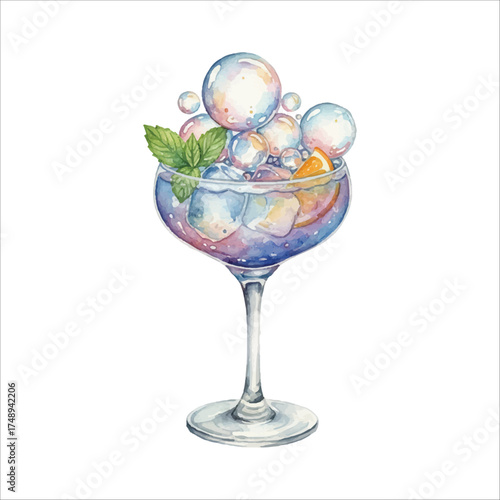 Edible Bubble Cocktail Watercolor Illustration Isolated on White

