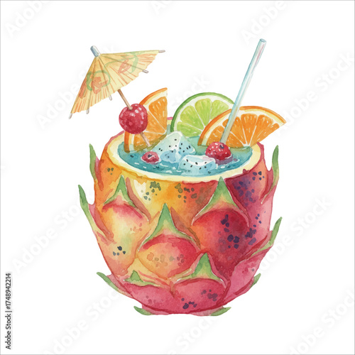 Watercolor Cocktail in Hollowed Pineapple Illustration on White
