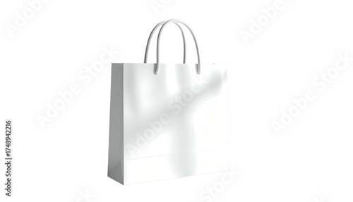 A white paper shopping bag with handles against a black background