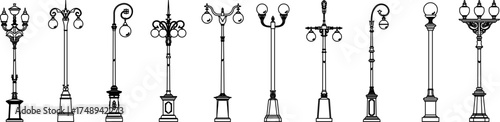 Elegant vintage-style street lamp icons in line art — perfect for urban design, architectural visualization, or decorative illustration with classic lighting motifs.