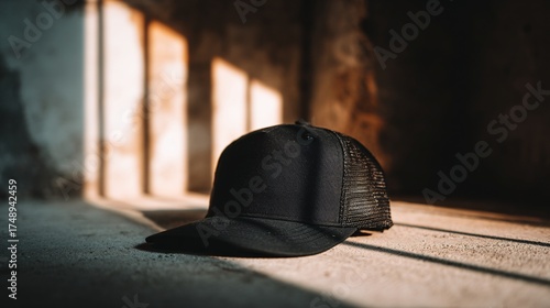 Stylish black trucker hat displayed in stark sunlight on rustic surface, perfect for edgy fashion blog or athletic wear promotion, urban cool aesthetic