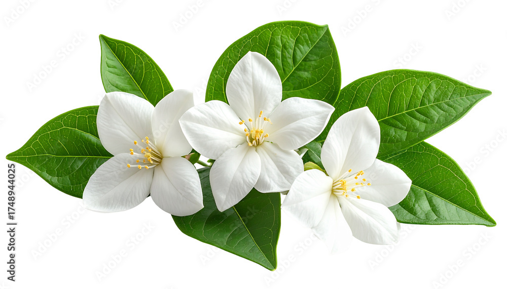 Fototapeta premium Three white flowers surrounded by leaves