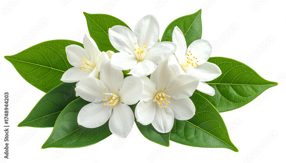 Obraz premium White flowers, green leaves isolated