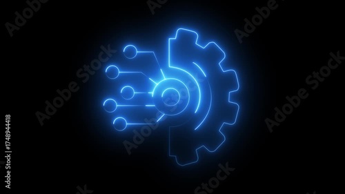 Wallpaper Mural Electric Blue Neon Gear with Circuitry and Connection Points on Dark 4k vide Background cogwheel machinery Torontodigital.ca